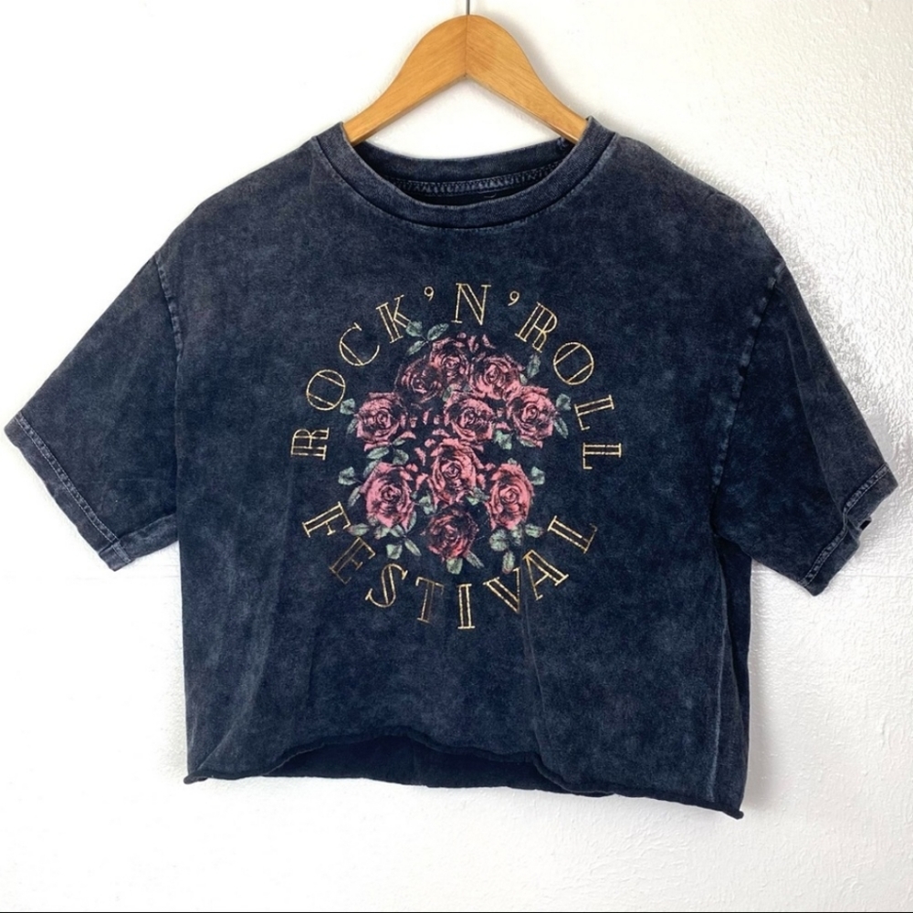 Fifth Sun Distressed Rock N Roll Festival Rose Crop Top